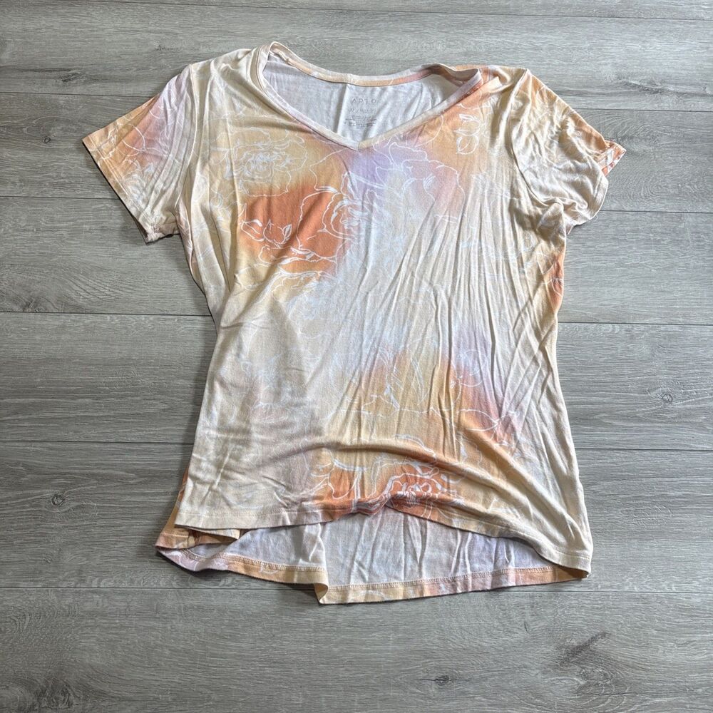 APT. 9 Women’s XL Floral V-Neck Short Sleeve Top Peach Pink White Stretch Tee